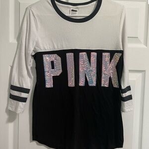 PINK Victoria's Secret Black and White Long Sleeve Tee with Sequin Logo